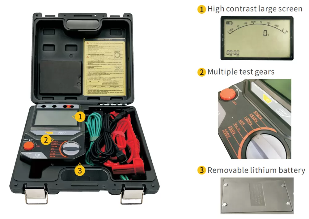 Features of D1103 5kV Utility Insulation Resistance Tester Features of D1103 5kV Utility Insulation Resistance Tester